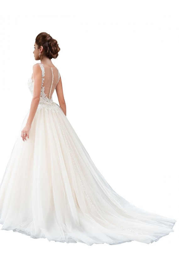 Ivoire Trapèze Illusion Traîne cathédrale Tulle Dentelle Plage Robes de mariée Pas Chère