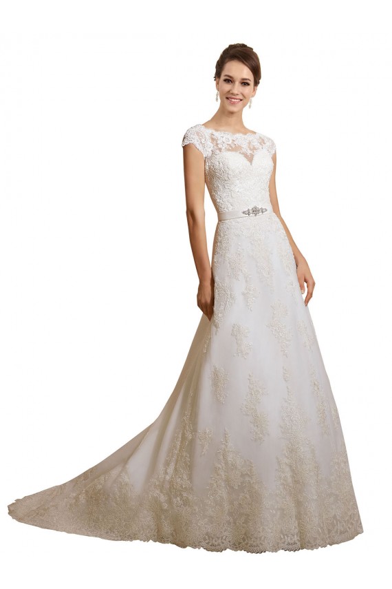 Ivoire Trapèze Illusion Tulle Dentelle Classique Robes de mariée Pas Chère