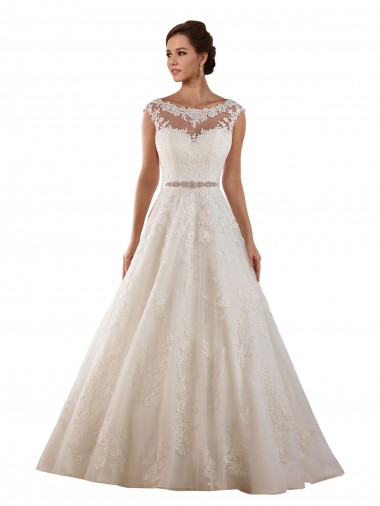 Ivoire Trapèze Illusion Tulle Dentelle Classique Robes de mariée Pas Chre