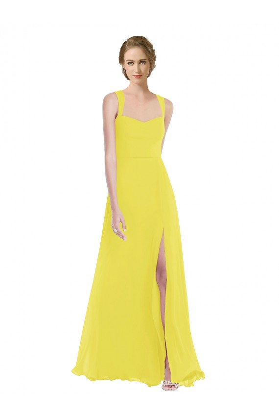 Jaune Trapèze Bretelles spaghetti Mousseline Longue Robes demoiselle d'honneur Pas Chère