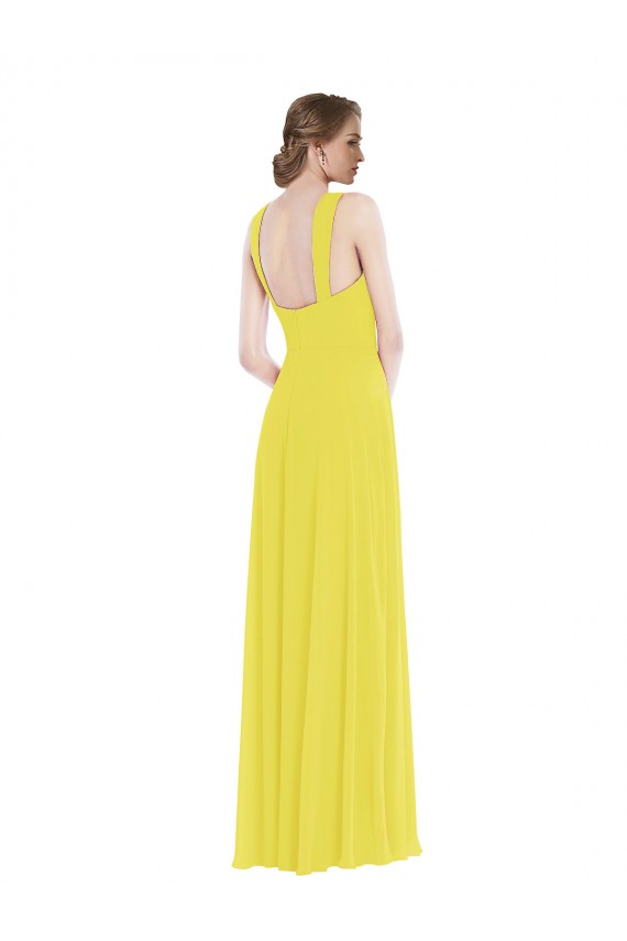 Jaune Trapèze Bretelles spaghetti Mousseline Longue Robes demoiselle d'honneur Pas Chère