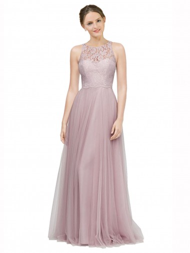 Light Lilac Trapèze Tulle Dentelle Longue Robes demoiselle d'honneur Pas Chre