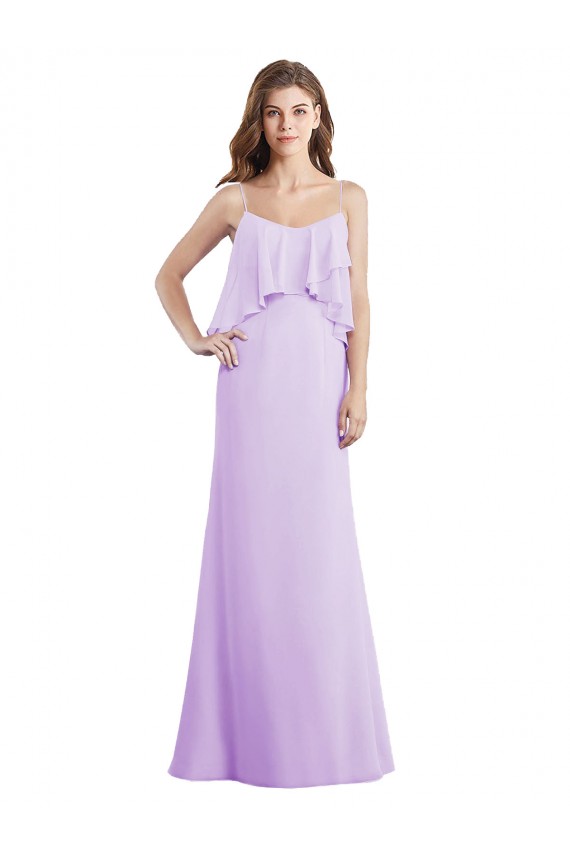 Lilas Trapèze Bretelles spaghetti Scoop Mousseline Longue Robes demoiselle d'honneur Pas Chère