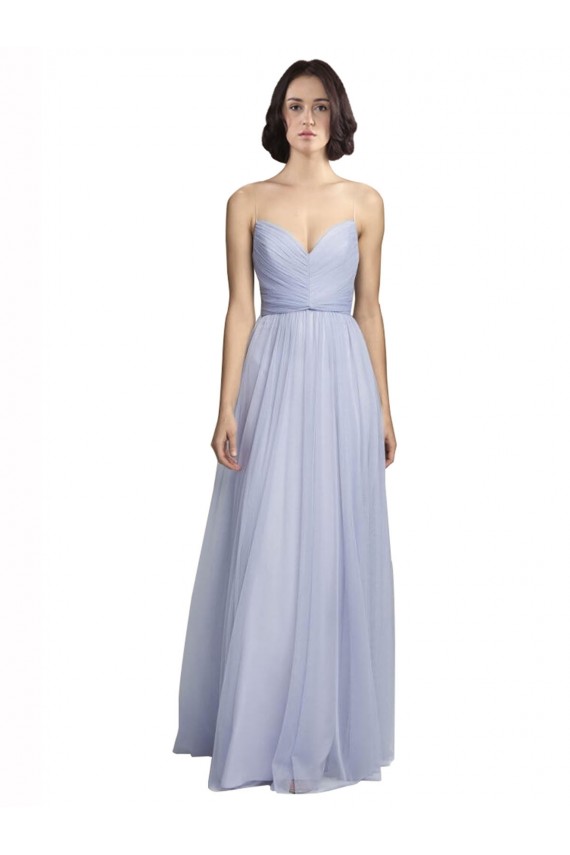 Lilas Trapèze Bretelles spaghetti Tulle Longue Robes demoiselle d'honneur Pas Chère