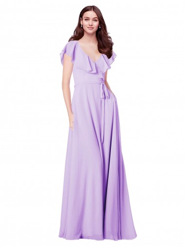 Lilas Trapèze Col V Mousseline Longue Robes demoiselle d'honneur Pas Chre
