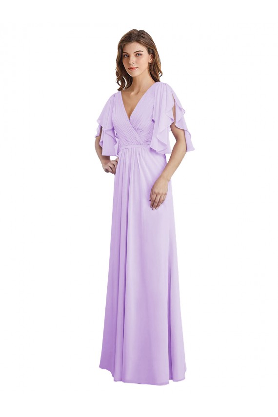 Lilas Trapèze Col V Mousseline Longue Robes demoiselle d'honneur Pas Chère