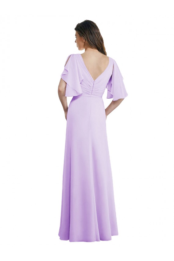 Lilas Trapèze Col V Mousseline Longue Robes demoiselle d'honneur Pas Chère