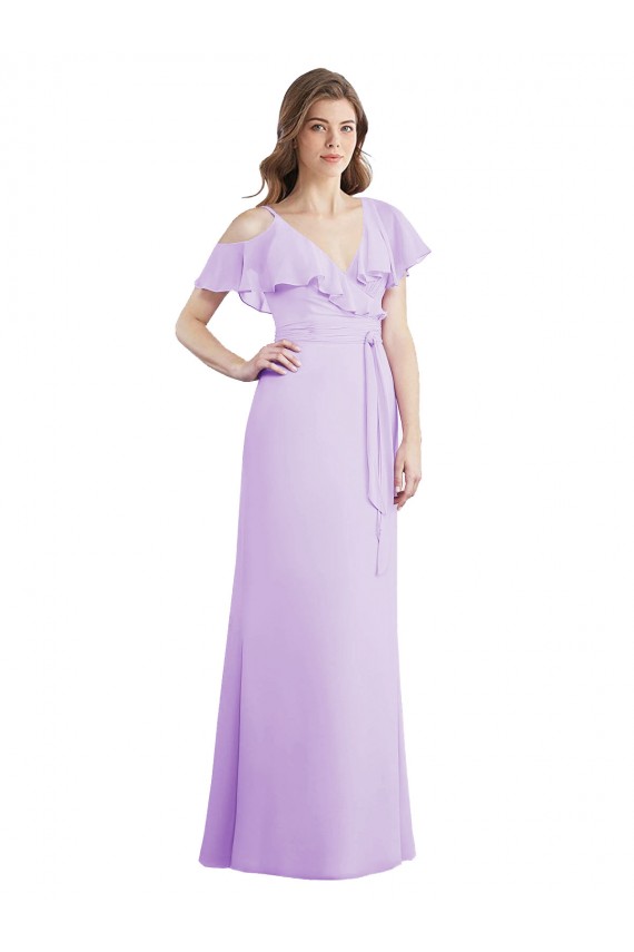 Lilas Trapèze Col V Mousseline Longue Robes demoiselle d'honneur Pas Chère