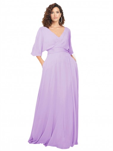 Lilas Trapèze Col V Mousseline Longue Robes demoiselle d'honneur Pas Chre
