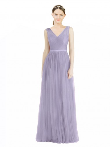 Lilas Trapèze Col V Tulle Longue Robes demoiselle d'honneur Pas Chre