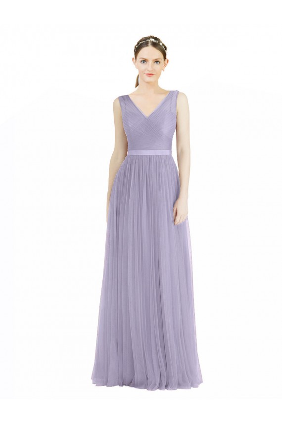 Lilas Trapèze Col V Tulle Longue Robes demoiselle d'honneur Pas Chère