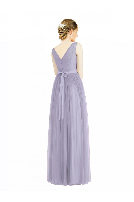 Lilas Trapèze Col V Tulle Longue Robes demoiselle d'honneur Pas Chère