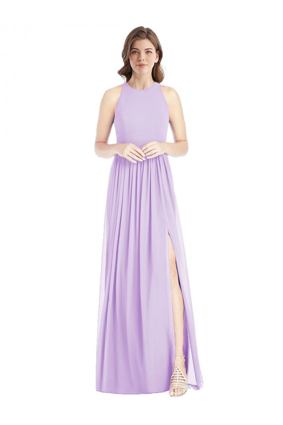 Lilas Trapèze Licou Mousseline Longue Robes demoiselle d'honneur Pas Chère