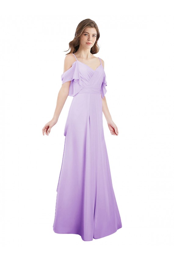 Lilas Trapèze Épaule Dénudée Bretelles spaghetti Mousseline Longue Robes demoiselle d'honneur Pas Chère