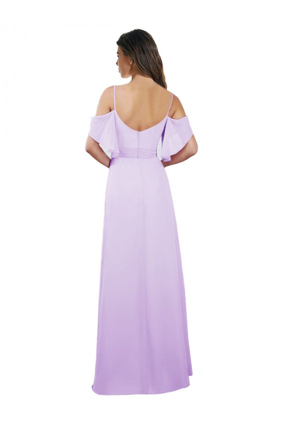 Lilas Trapèze Épaule Dénudée Bretelles spaghetti Mousseline Longue Robes demoiselle d'honneur Pas Chère