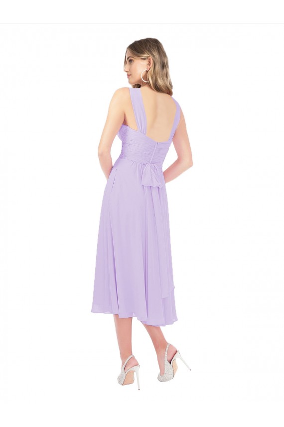 Lilas Trapèze midi Mousseline Courte Asymétrique Robes demoiselle d'honneur / Robes de cocktail Pas Chère