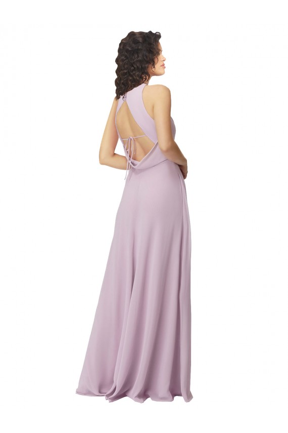 Lueur rose Trapèze Licou Col Haut Mousseline Longue Robes demoiselle d'honneur Pas Chère
