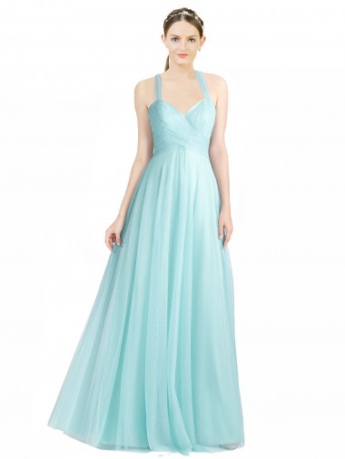 Menthe verte Trapèze Bretelles spaghetti Tulle Longue Robes demoiselle d'honneur Pas Chre