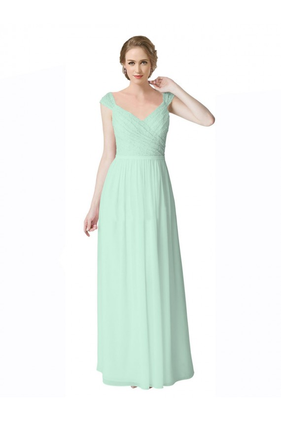 Menthe verte Trapèze Col V Mousseline Dentelle Longue Robes demoiselle d'honneur Pas Chère