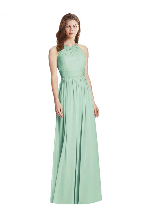 Menthe verte Trapèze Licou Mousseline Longue Robes demoiselle d'honneur Pas Chère
