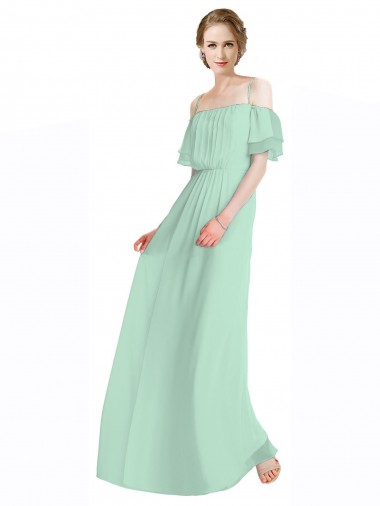 Menthe verte Trapèze Épaule Dénudée Bretelles spaghetti Mousseline Longue Robes demoiselle d'honneur Pas Chre