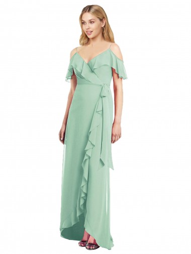Menthe verte Trompette Bretelles spaghetti Col V Mousseline Longue Asymétrique Robes demoiselle d'honneur Pas Chre
