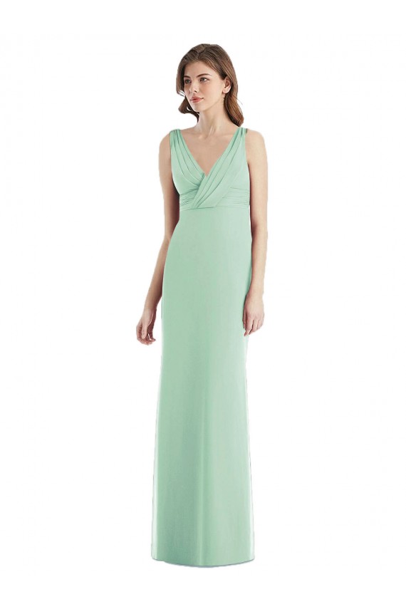 Menthe verte Trompette Col V Mousseline Longue Robes demoiselle d'honneur Pas Chère