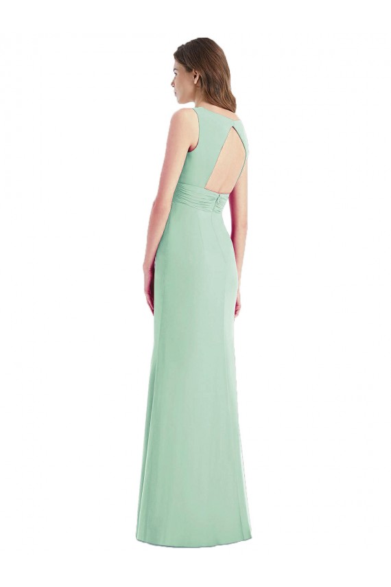 Menthe verte Trompette Col V Mousseline Longue Robes demoiselle d'honneur Pas Chère