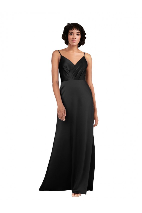 Noir Colonne Col V Satiné Soyeux Longue Asymétrique Formelles Robes demoiselle d'honneur / Robes de soirée / Robes de bal Pas Chère