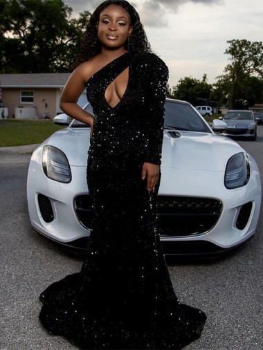 Noir Fourreau Balayage train Paillettes Velours Longue Robes de bal Pas Chre