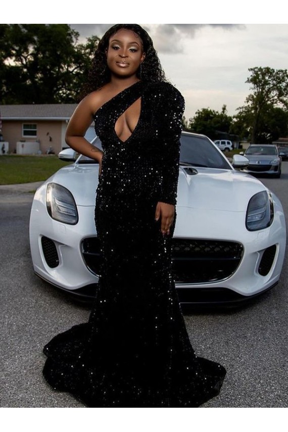 Noir Fourreau Balayage train Paillettes Velours Longue Robes de bal Pas Chère