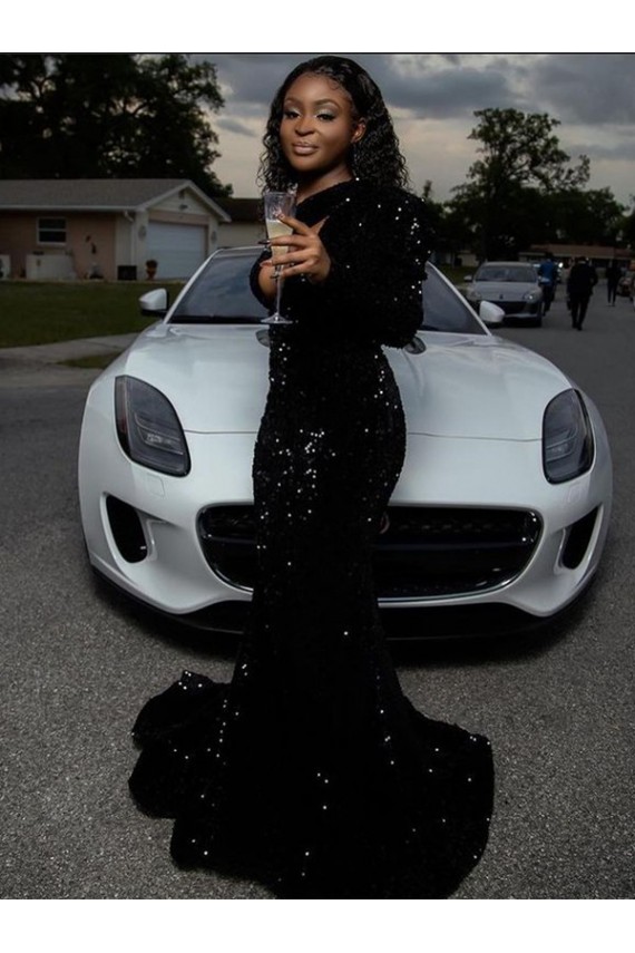 Noir Fourreau Balayage train Paillettes Velours Longue Robes de bal Pas Chère
