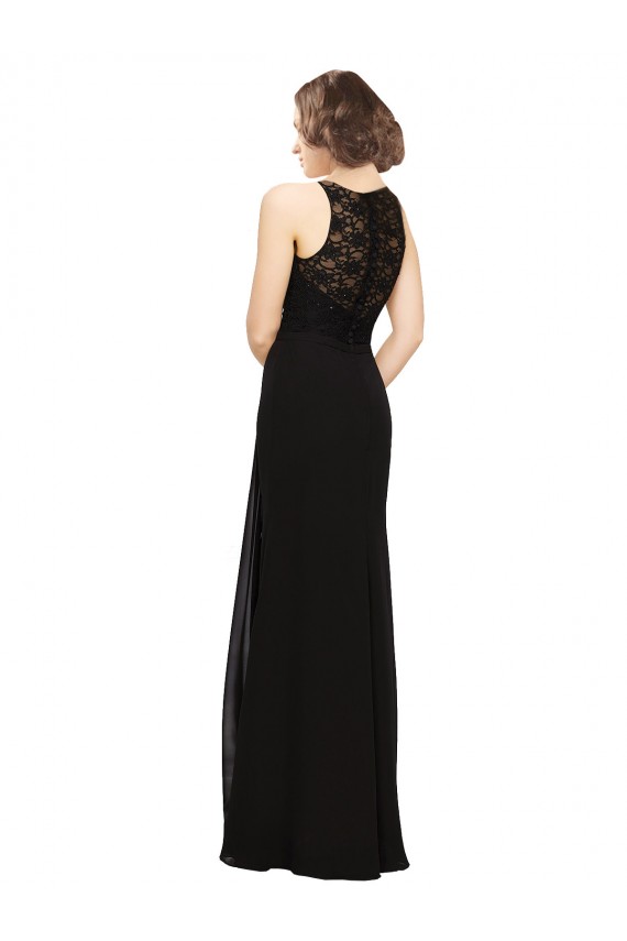 Noir Fourreau Col Haut Mousseline Dentelle Longue Robes demoiselle d'honneur Pas Chère