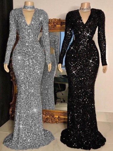 Noir Fourreau Col V Balayage train Paillettes Velours Longue Robes de bal Pas Chre