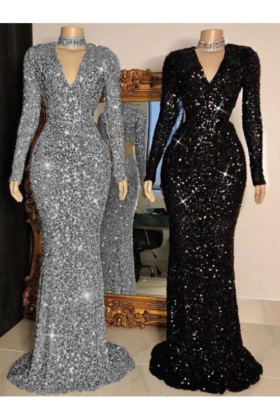 Noir Fourreau Col V Balayage train Paillettes Velours Longue Robes de bal Pas Chère