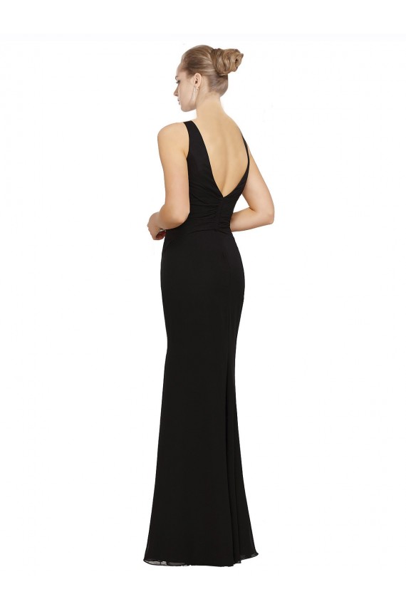 Noir Fourreau Col V Mousseline Longue Robes demoiselle d'honneur Pas Chère