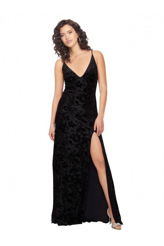 Noir Fourreau Col V Velours Floral Velours Stretch Longue Robes demoiselle d'honneur Pas Chère