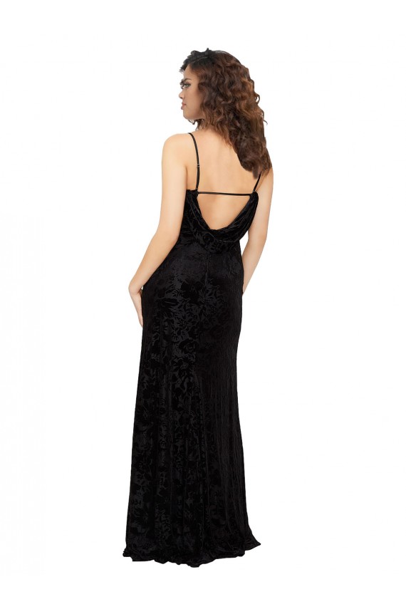 Noir Fourreau Col V Velours Floral Velours Stretch Longue Robes demoiselle d'honneur Pas Chère