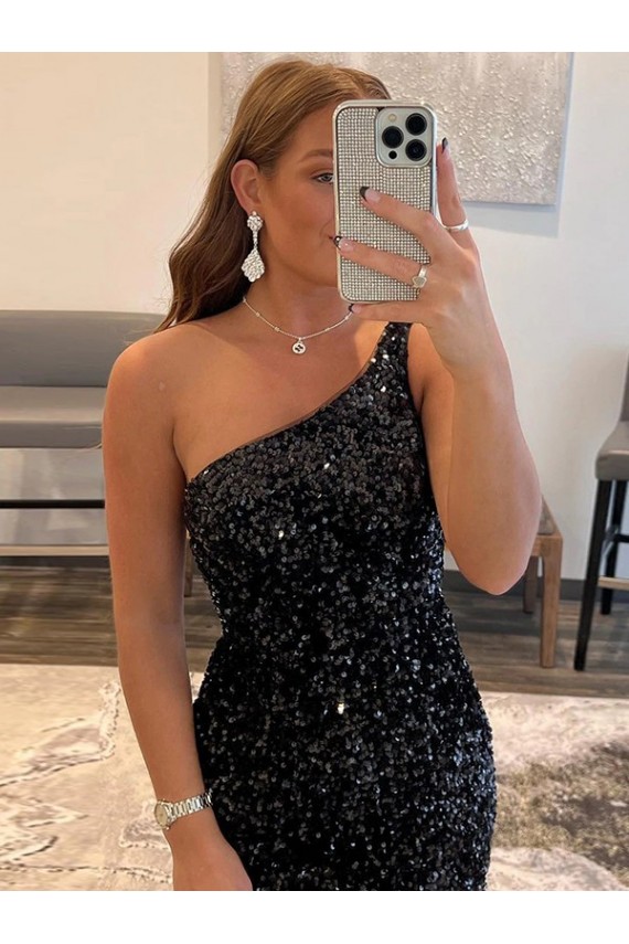Noir Fourreau Courte Paillettes Velours Courte Robes de bal Pas Chère
