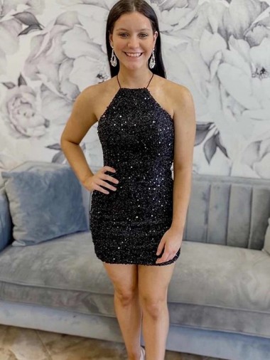 Noir Fourreau Licou Courte Paillettes Velours Courte Robes de bal Pas Chre