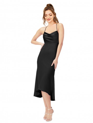 Noir Fourreau midi Satiné Soyeux Courte Asymétrique Robes demoiselle d'honneur / Robes de soirée / Robes de cocktail Pas Chre
