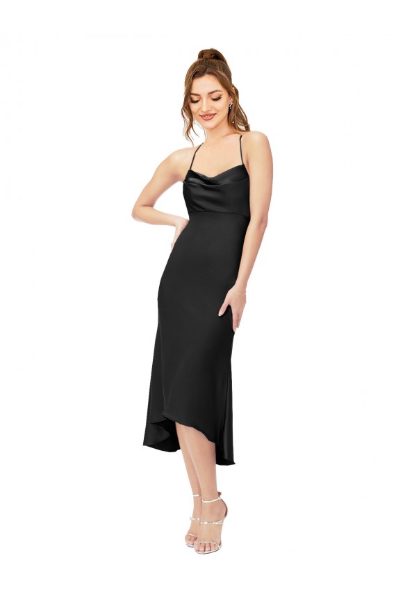 Noir Fourreau midi Satiné Soyeux Courte Asymétrique Robes demoiselle d'honneur / Robes de soirée / Robes de cocktail Pas Chère
