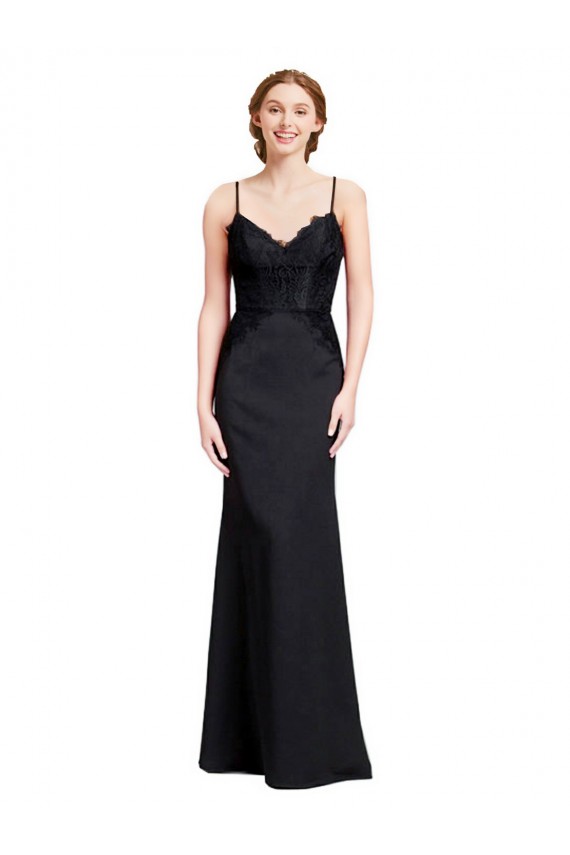 Noir Sirène Bretelles spaghetti Col V Crêpe Stretch Longue Robes demoiselle d'honneur / Robes de bal Pas Chère