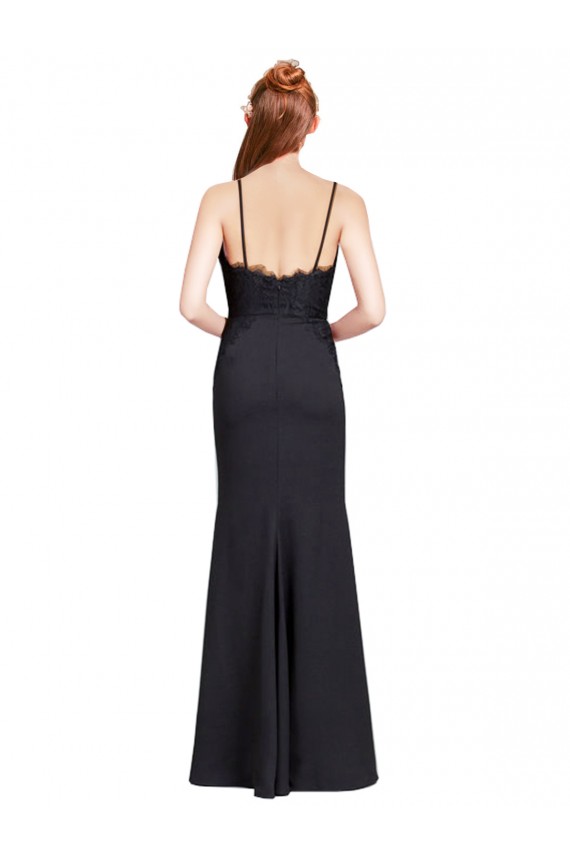 Noir Sirène Bretelles spaghetti Col V Crêpe Stretch Longue Robes demoiselle d'honneur / Robes de bal Pas Chère