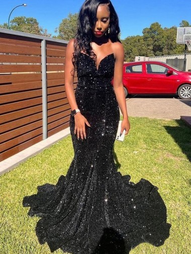 Noir Sirène Paillettes Velours Longue Robes de bal Pas Chre