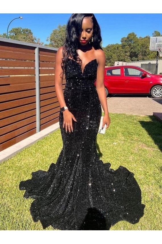 Noir Sirène Paillettes Velours Longue Robes de bal Pas Chère
