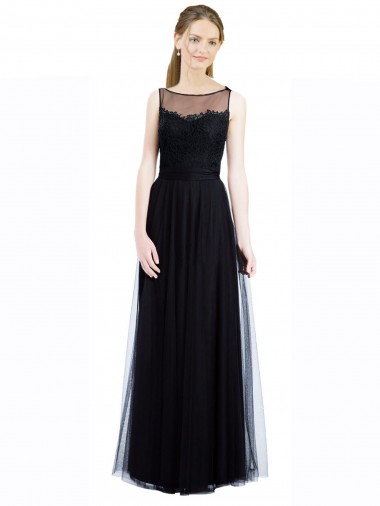 Noir Trapèze Bateau Illusion Tulle Dentelle Longue Robes demoiselle d'honneur Pas Chre
