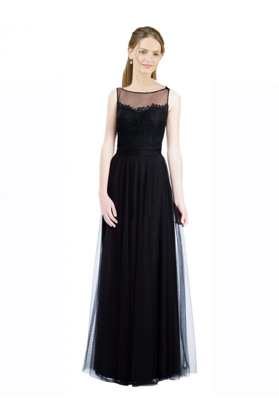 Noir Trapèze Bateau Illusion Tulle Dentelle Longue Robes demoiselle d'honneur Pas Chère