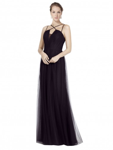 Noir Trapèze Bretelles spaghetti Col Haut Tulle Longue Robes demoiselle d'honneur Pas Chre