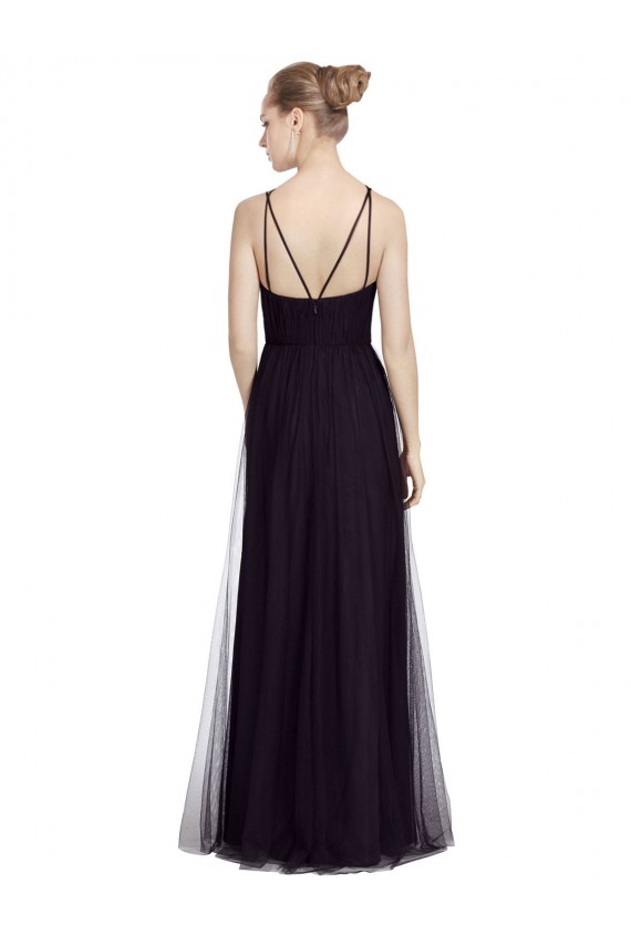 Noir Trapèze Bretelles spaghetti Col Haut Tulle Longue Robes demoiselle d'honneur Pas Chère